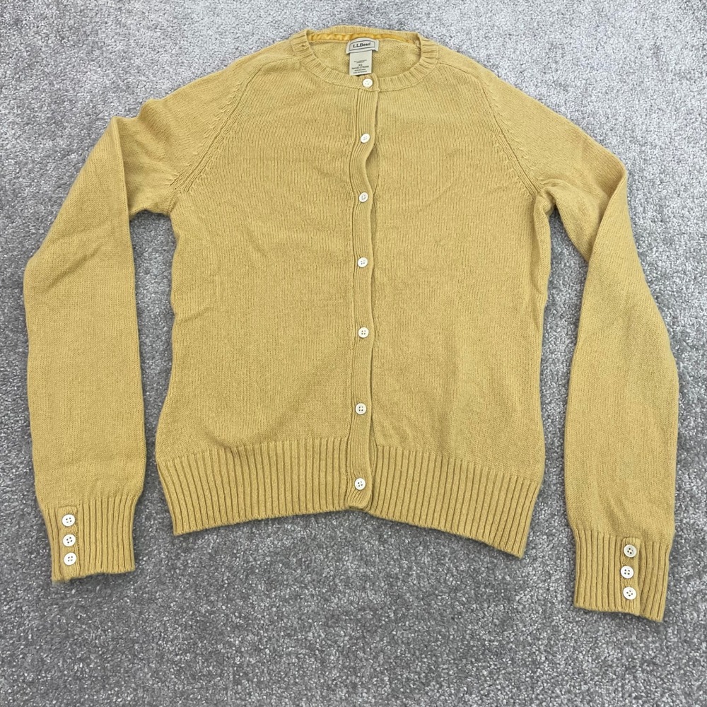 LL Bean Cardigan Sweater Womens Extra Small Lambswool Blend Mustard Yellow